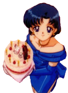 Ами в синем платье с тортом в руках, кажется день рождения Малышки